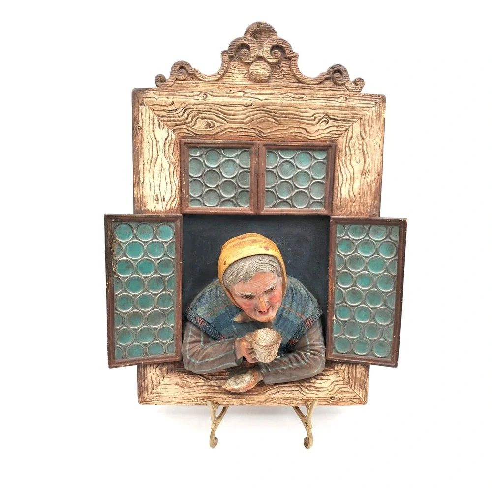 Antique Terracotta 3D Window Wall Plaque Woman Having Tea Coffee
